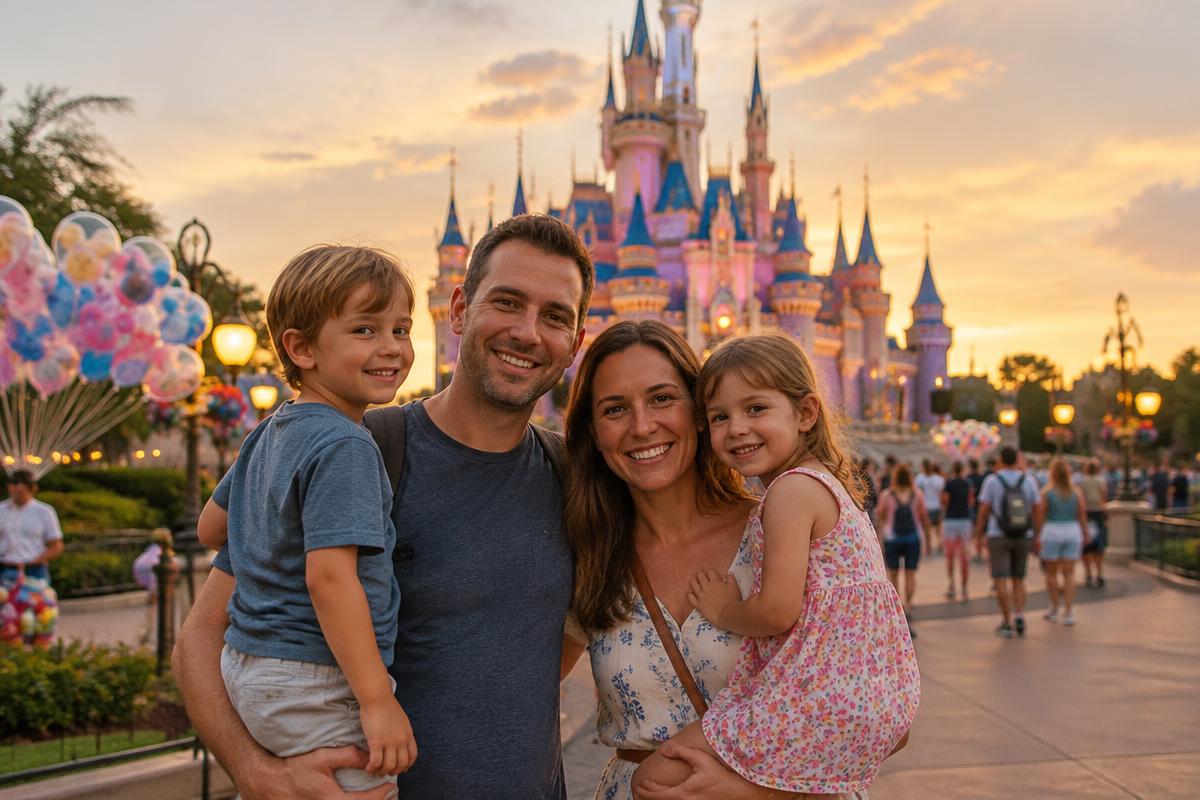Família em frente a um castelo de parque temático