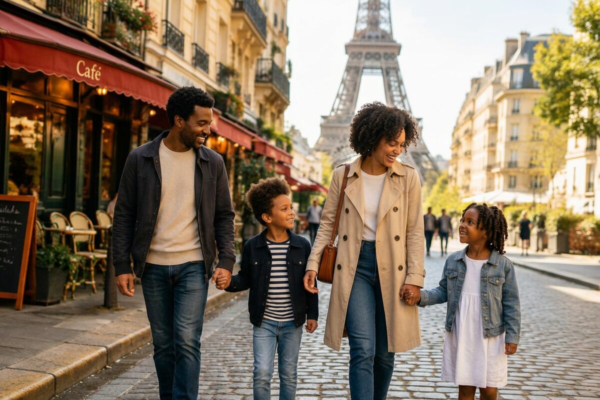 Família negra caminhando por uma rua de Paris com a Torre Eiffel ao fundo